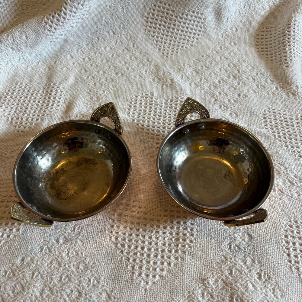 2 Vintage Copper & Stainless Steel Bowls Brass Handles Small size